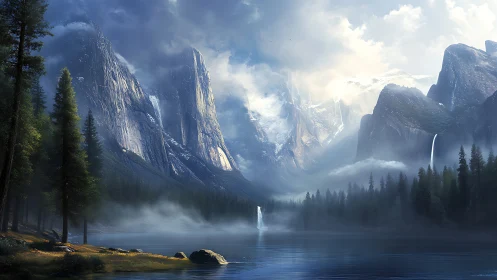 Epic alpine valley rendered in luminous digital realism
