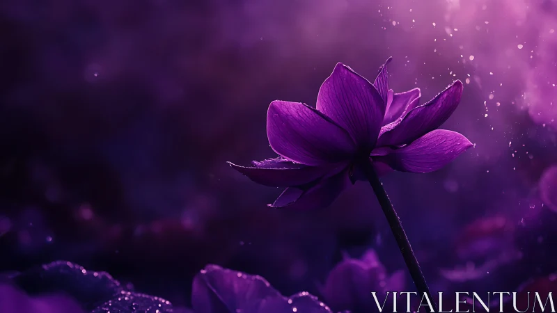 Purple Lotus Flower with Water Droplets Against Dark Background.