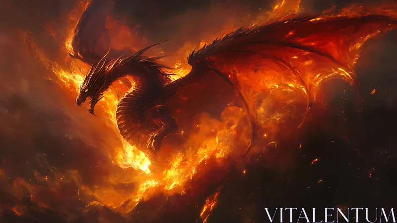 Infernal dragon erupts through molten storm of fire.