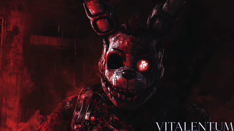 Red lit robotic rabbit horror character in dark scene.