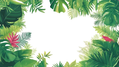 Tropical leaves border with parrot and white center space.