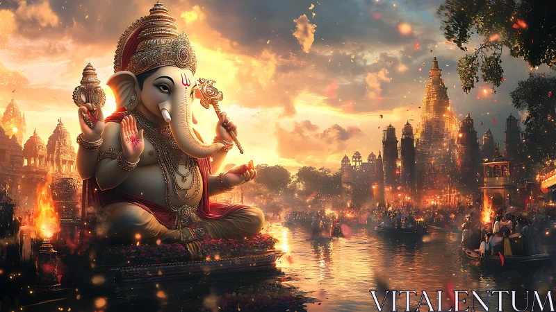 Monumental Ganesha idol illuminates ceremonial riverside cityscape