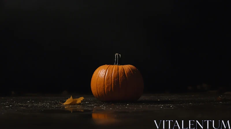 Lone pumpkin rests under dramatic low light on dark ground.