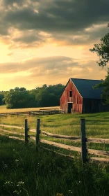 Sunlit rural barn with wooden fence in open pasture.