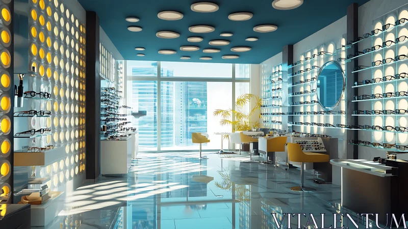 Contemporary eyewear boutique with luminous geometric walls.