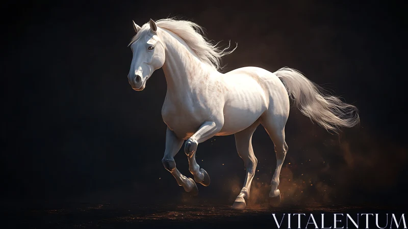 White horse in motion on dark background with dust clouds.