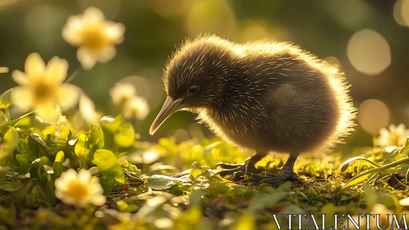 Young kiwi bird standing in soft golden backlight.