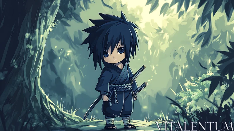 Chibi-style dark-haired ninja child in dense forest scene.