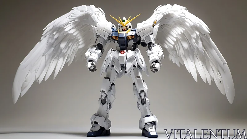 Winged mecha mobile suit under neutral studio keylighting.
