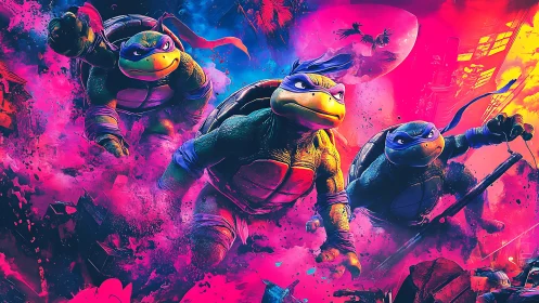 Neon-splashed mutant heroes sprint through electric city chaos.