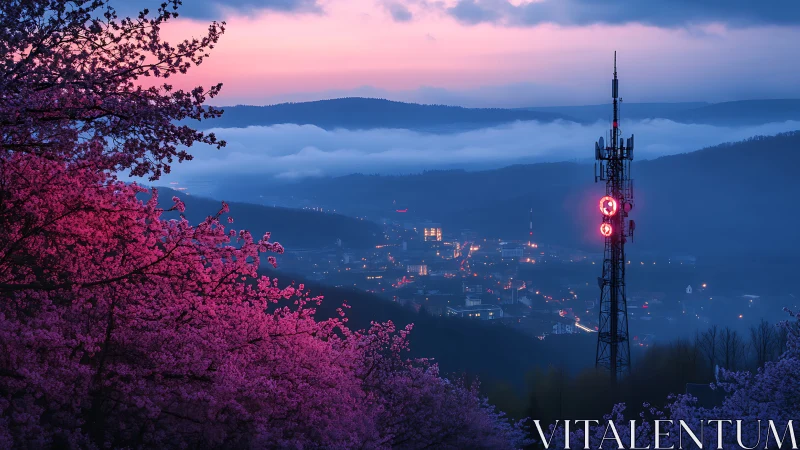 Telecom tower overlooks valley town behind dense pink blossoms.