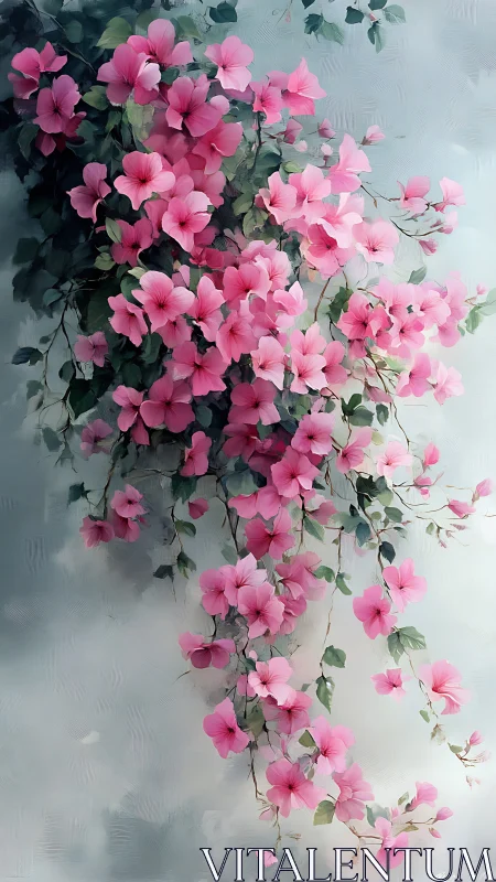 Pink Petunias Cascade Down White Wall.