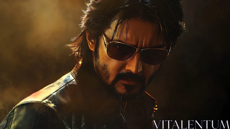 Man in dark sunglasses and leather jacket in warm light.