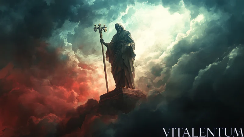 Stormlit skyward sentinel crowned in radiant divine mist.