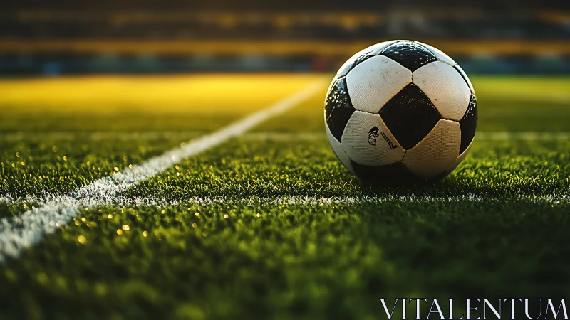 Soccer ball resting on bright green field at sunset.