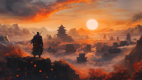 Lone samurai overlooking blazing sunset feudal cityscape.