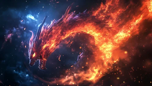 Flame-born dragon coils through nebulae and bites the night