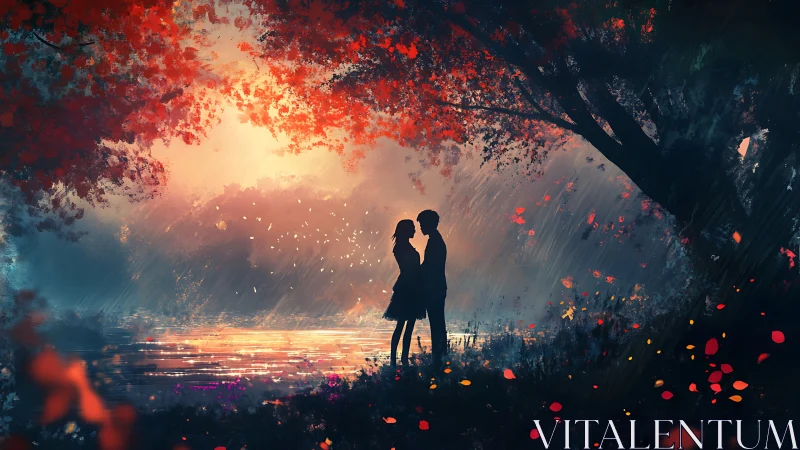 Silhouetted couple beneath glowing red canopy with reflected light