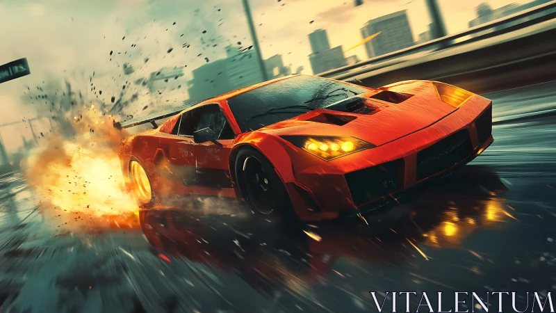 Fire-drenched street racer slicing dawn rain and steel skies.