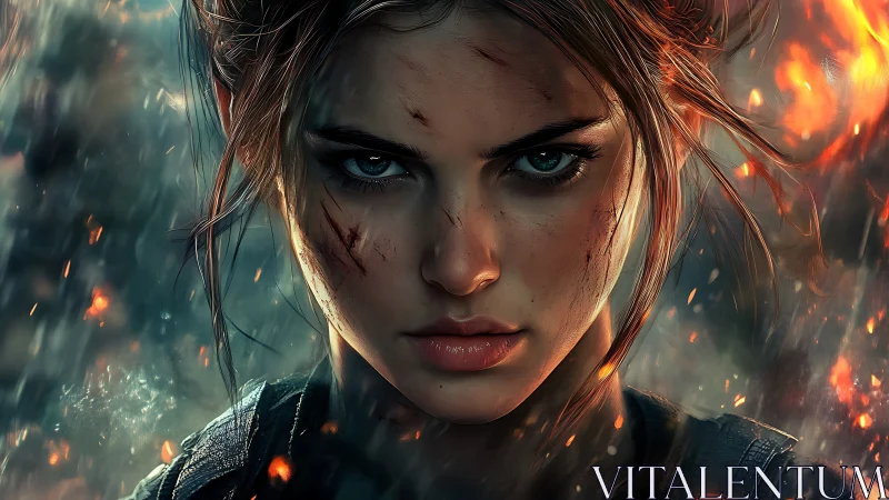 Battle-scarred ember huntress glaring through collapsing fire.