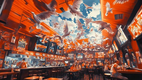 Bar interior erupts with soaring white doves overhead