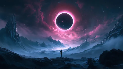Lone explorer studies radiant pink eclipse over frozen valley