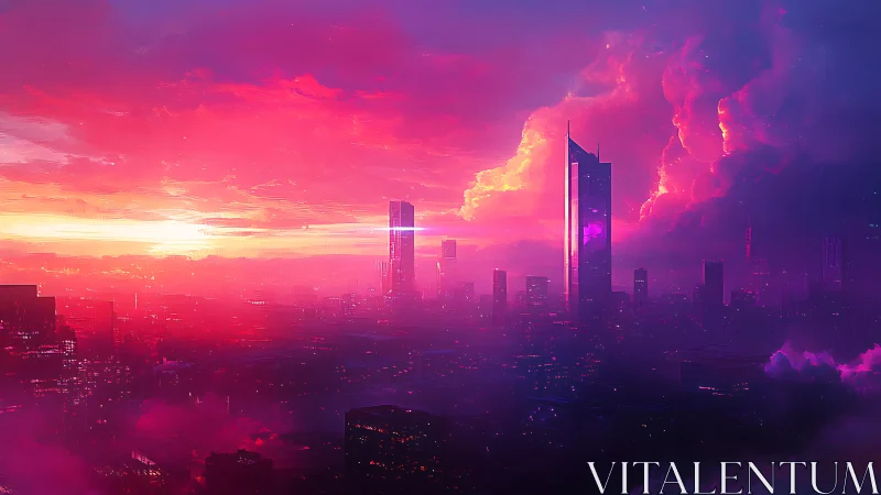 Neon dusk megacity skyline in luminous cyberpunk gradient.