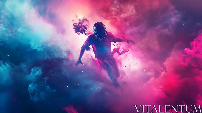 Neon storm runner diving through electric cosmic clouds.