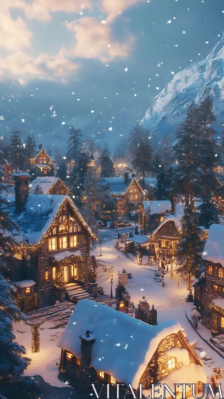 Snowy mountain village glows softly with warm winter lights