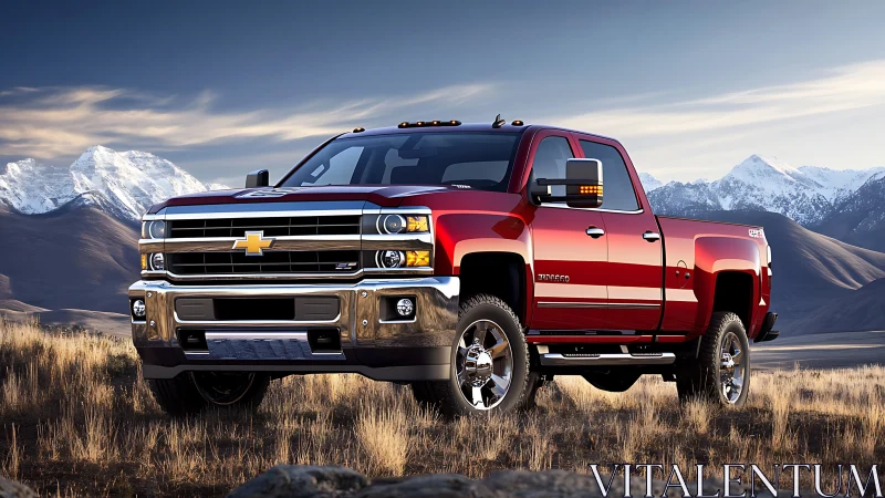 Heavy-duty red pickup truck with chrome accents parked in alpine field