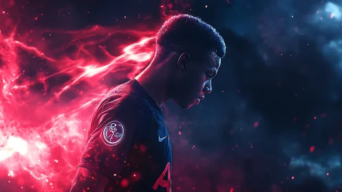 Soccer player profile stands amid red and blue energy clouds
