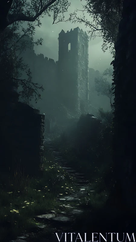 Ruined stone tower on misty forest path at dusk.