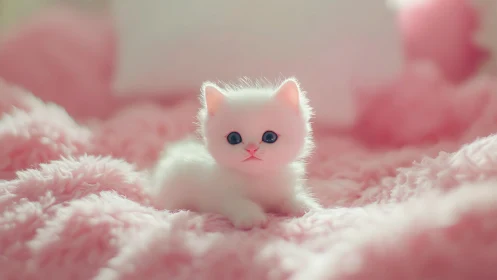 White feline kitten positioned on textured pink surface background.