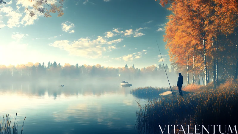 Quiet autumn lake with a lone fisherman at sunrise.