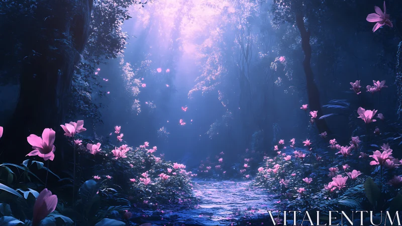 Enchanted violet forest glows with luminous pink blooms.