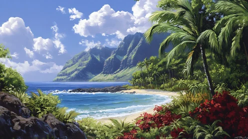Tropical Paradise Beach with Dramatic Mountain Cliffs.