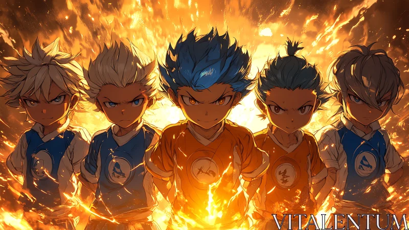 Fiery soccer squad standing strong in blazing golden light.