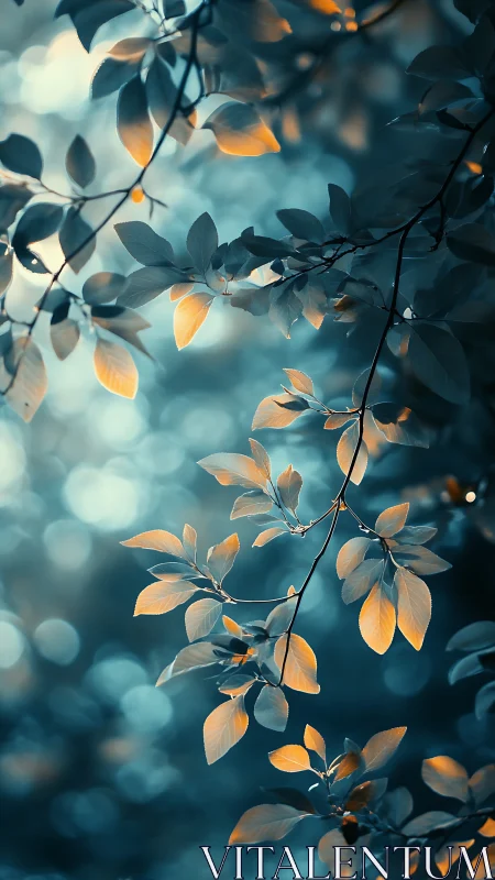 Golden leaves glow against cool teal forest bokeh backdrop.