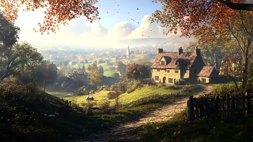 Stone cottage overlooks sunlit valley village and fields