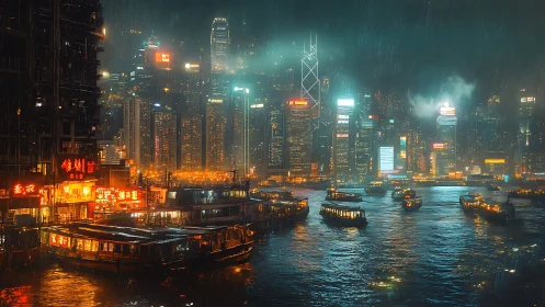 Rain-soaked neon harbor city with glowing skyline reflections.