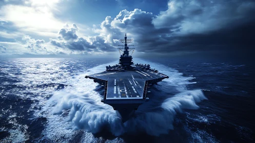 Aircraft carrier moves through rough ocean under dramatic sky