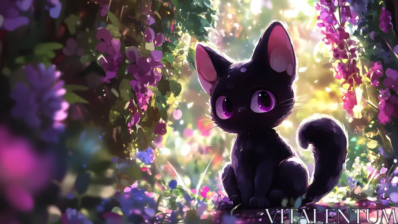 Bright-eyed black kitten rests in glowing floral tunnel.