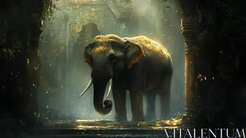 Sacred elephant illuminated by volumetric light in ancient ruins