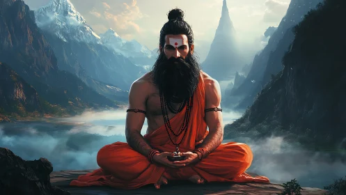 Mountain yogi in blazing saffron serenity above cloud realms.