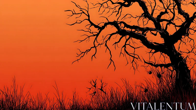 Silhouetted dead tree against high-saturation orange dusk sky
