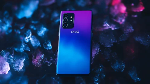 ONG smartphone with gradient display against crystalline backdrop.