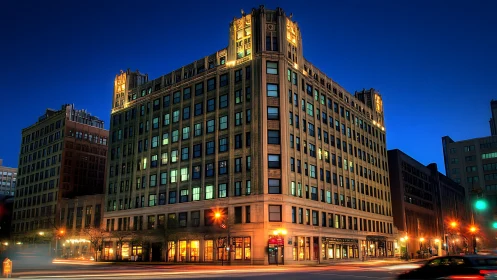 Golden city corner glows against a deep sapphire sky.