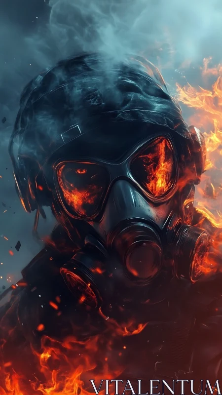Flame-wreathed tactical soldier in gas mask amid embers.