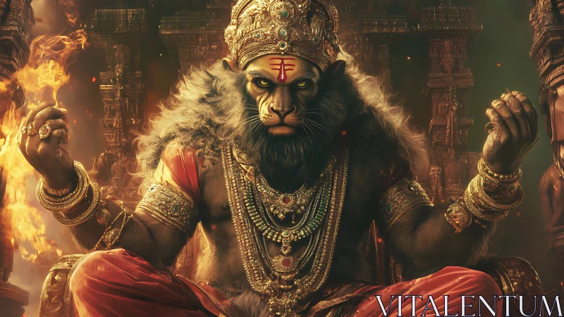 Lion-headed deity figure sits in ornate fiery temple setting