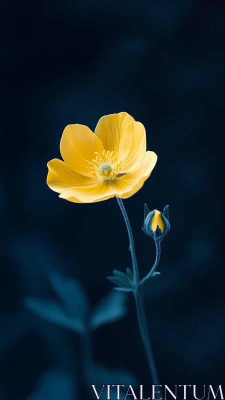 Yellow Buttercup Bloom Against Dark Teal Background.